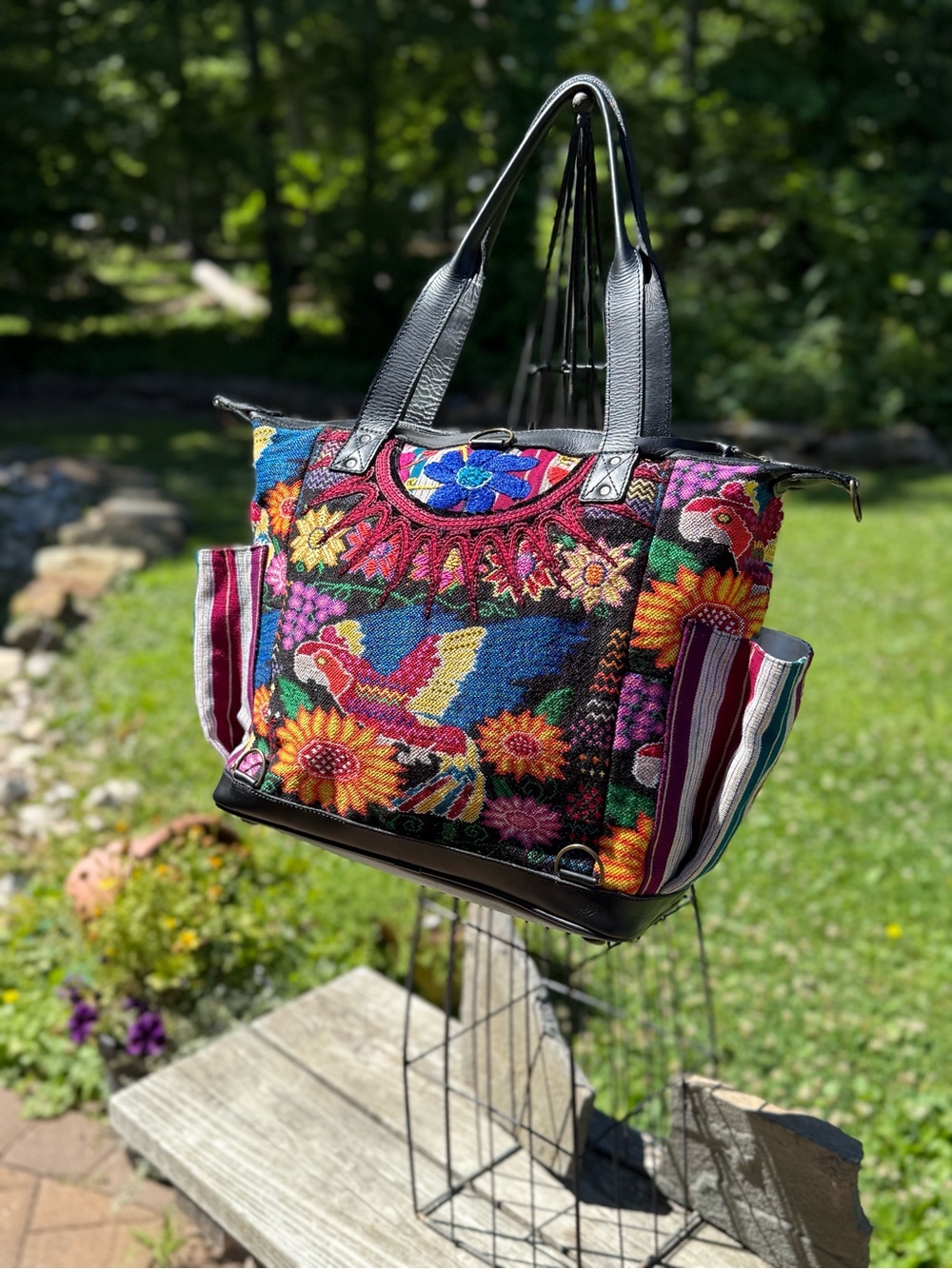 Colorful Embroidered Floral & Parrot Tote/ convertible day bag with Black Trim.